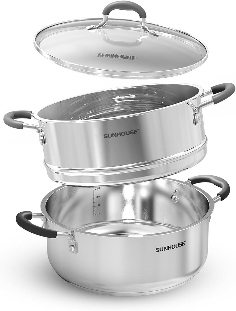 SUNHOUSE - 4.6 Quart Steamer Pots With Lid 2-Tier Multipurpose Stainless Steel Steaming Pot Cookware With Handle For Vegetable, Dumpling, Sauce, Food - Triple Bottom, Measurement Line - Image 1