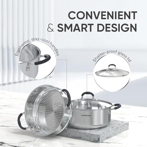 SUNHOUSE - 4.6 Quart Steamer Pots With Lid 2-Tier Multipurpose Stainless Steel Steaming Pot Cookware With Handle For Vegetable, Dumpling, Sauce, Food - Triple Bottom, Measurement Line - Image 3