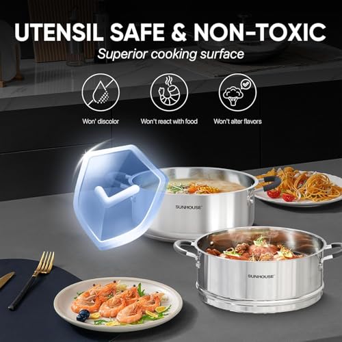 SUNHOUSE - 4.6 Quart Steamer Pots With Lid 2-Tier Multipurpose Stainless Steel Steaming Pot Cookware With Handle For Vegetable, Dumpling, Sauce, Food - Triple Bottom, Measurement Line - Image 4