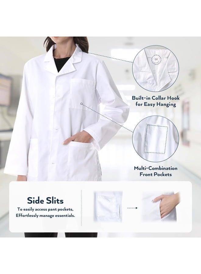 Greenour Professional Lab Coat for Women Long Sleeve White Medical Coat Uniform with 3 Pockets, Size XS-XL, White, L - Image 5