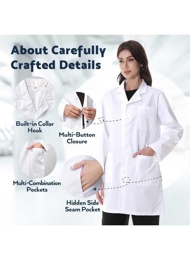 Greenour Professional Lab Coat for Women Long Sleeve White Medical Coat Uniform with 3 Pockets, Size XS-XL, White, L - Image 4