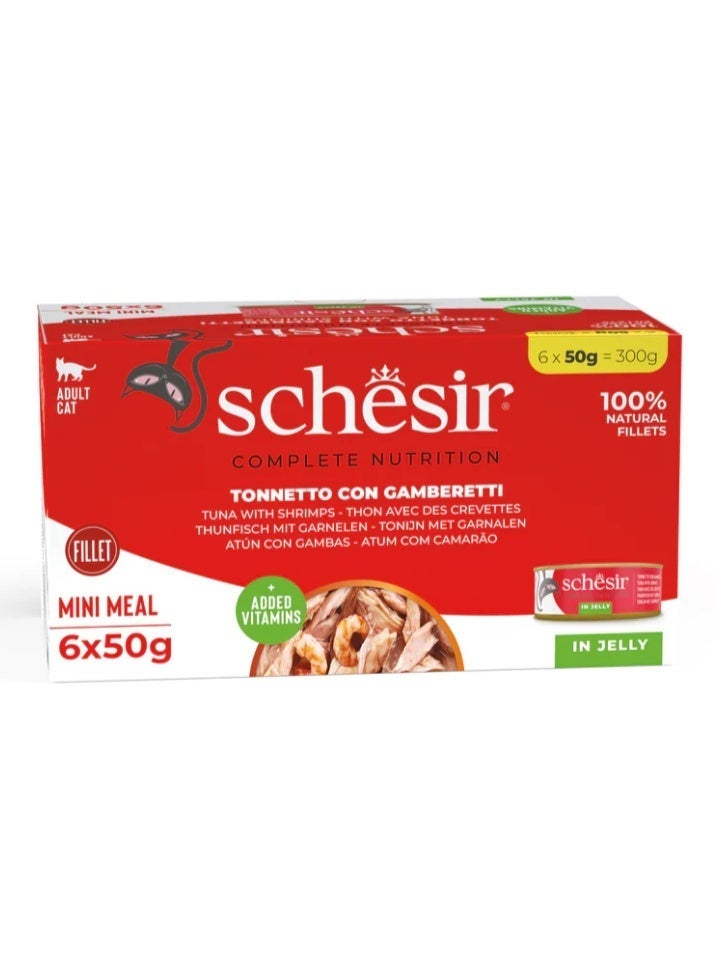 Schesir Complete Nutrition Mini Meal for Adult Cats – Tuna with Shrimps in Jelly – 100% Natural Fillets with Added Vitamins – 300 g (6 x 50 g Cans) - Image 2