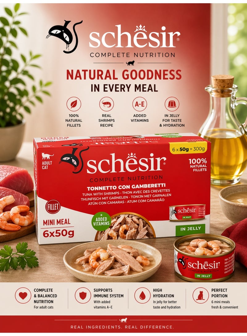 Schesir Complete Nutrition Mini Meal for Adult Cats – Tuna with Shrimps in Jelly – 100% Natural Fillets with Added Vitamins – 300 g (6 x 50 g Cans) - Image 1