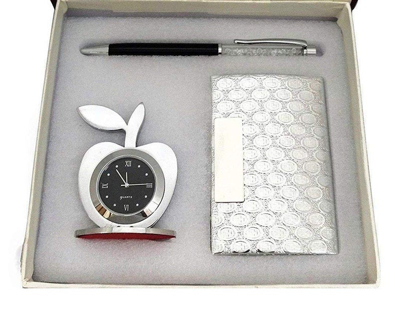 Lavanaya Silver - 3-in-1 Gift Set with Apple Clock, Card Holder & Pen – Perfect Corporate Combo for Men, Women | Office, Desk & Personal Use - Image 1