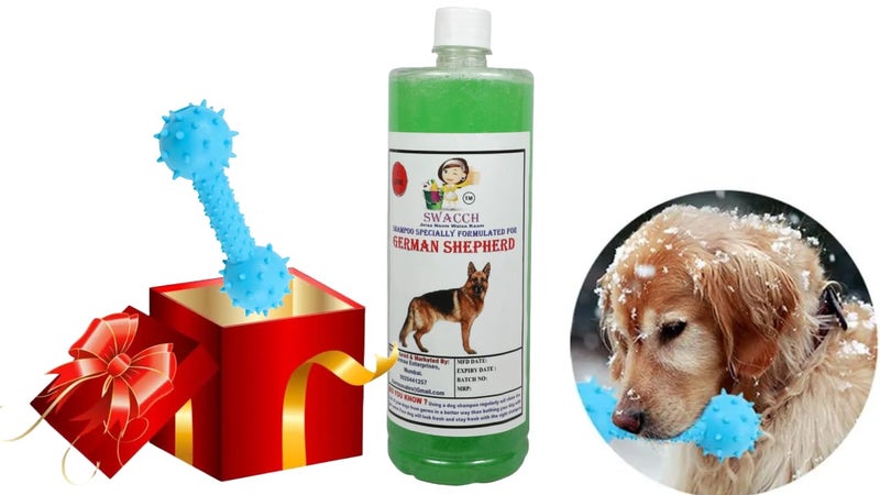 swacch German Shepherd Dog Shampoo + Dumbbell Toy I Durable Rubber Dog Toy for Chewing I Playing,Teeth Cleaning & Training Toy I Combo Pack I 1 Litre Neem Alovera - Image 1