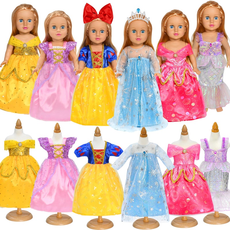 Lavwix 8 pcs American Doll Clothes Set for 18 inch Dolls Doll Clothing Outfits Include 6 Different Princess Dresses Crown Hair Bow Christmas Birthday Gift for Girls - Image 3