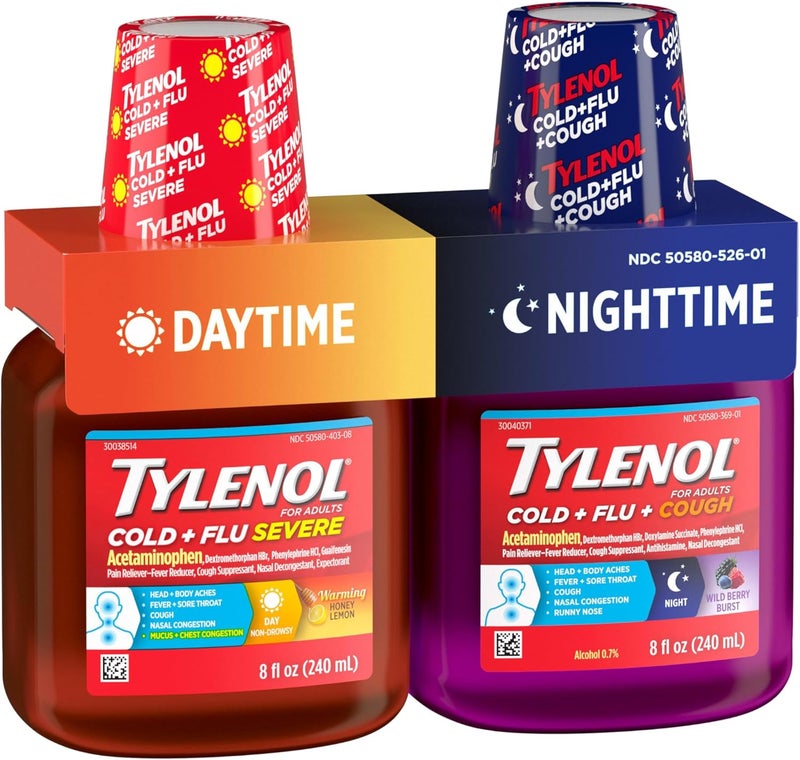 Tylenol دواء سعال سائل شديد للبرد والإنفلونزا نهاري وليلي مع مسكن للألم خافض للحرارة مزيل للاحتقان الأنفي مضاد للهستامين عبوة قيمة 2 زجاجة سعة 8 أونصات سائلة - Image 5