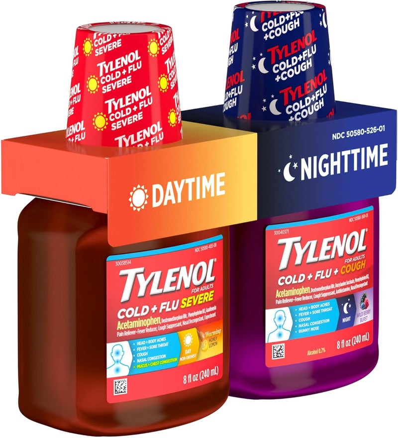 Tylenol دواء سعال سائل شديد للبرد والإنفلونزا نهاري وليلي مع مسكن للألم خافض للحرارة مزيل للاحتقان الأنفي مضاد للهستامين عبوة قيمة 2 زجاجة سعة 8 أونصات سائلة - Image 2