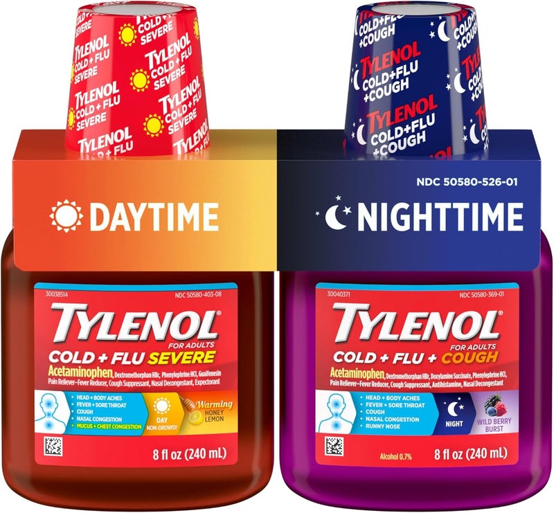 Tylenol دواء سعال سائل شديد للبرد والإنفلونزا نهاري وليلي مع مسكن للألم خافض للحرارة مزيل للاحتقان الأنفي مضاد للهستامين عبوة قيمة 2 زجاجة سعة 8 أونصات سائلة - Image 1