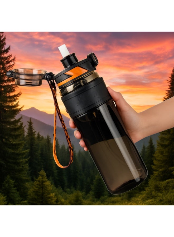 TKK 1000ml Tritan Plastic Water Bottle with Straw and BPA Free with Rope Easy to Carry | Black - Image 1