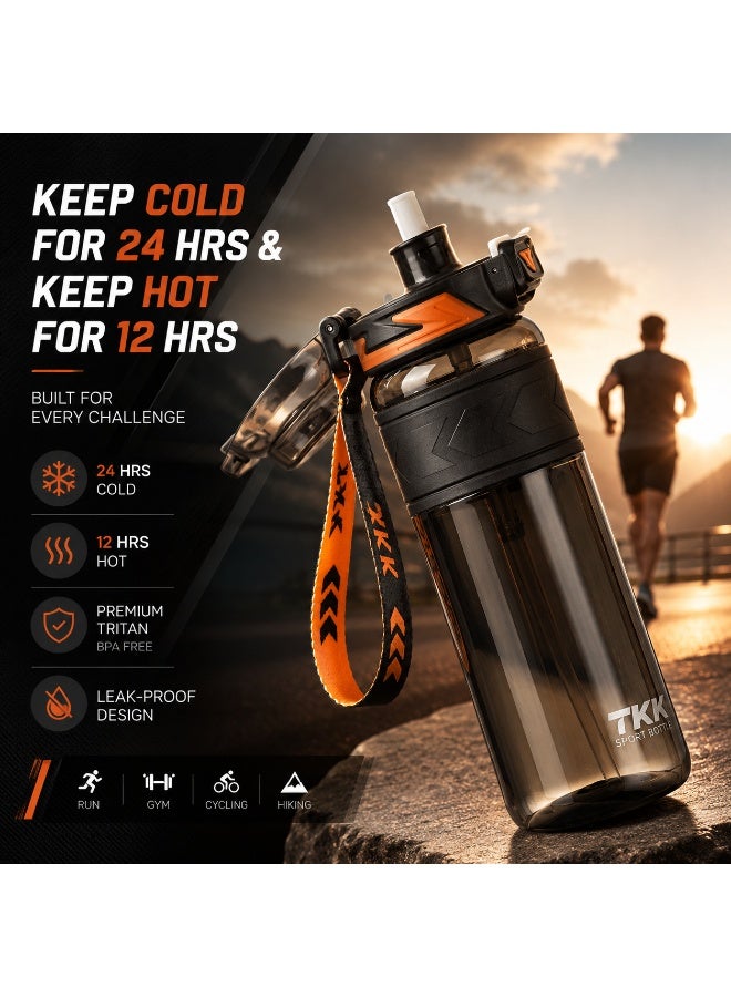 TKK 1000ml Tritan Plastic Water Bottle with Straw and BPA Free with Rope Easy to Carry | Black - Image 1