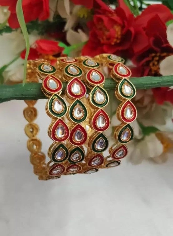 DENICRAAS Women's Gold Plated Drop Shape Kundan | Red and Green Kundan Bangles for Women and Girl's | (2.10) - Image 5