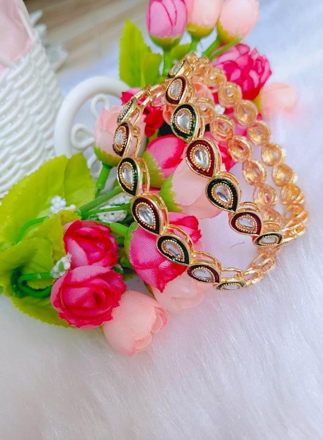 DENICRAAS Women's Gold Plated Drop Shape Kundan | Red and Green Kundan Bangles for Women and Girl's | (2.10) - Image 3