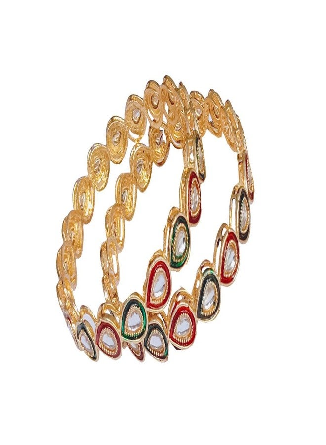 DENICRAAS Women's Gold Plated Drop Shape Kundan | Red and Green Kundan Bangles for Women and Girl's | (2.10) - Image 2