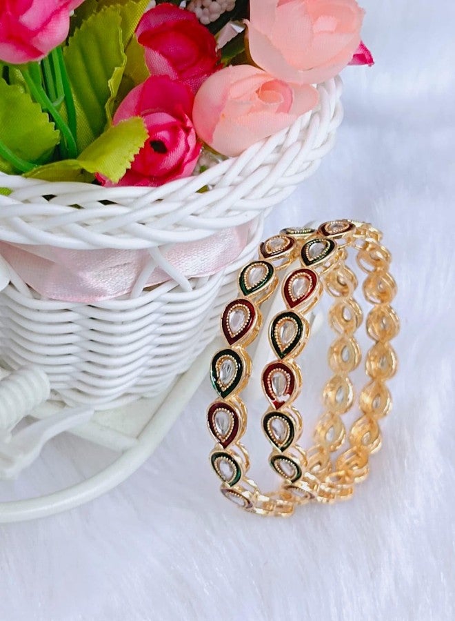 DENICRAAS Women's Gold Plated Drop Shape Kundan | Red and Green Kundan Bangles for Women and Girl's | (2.10) - Image 4