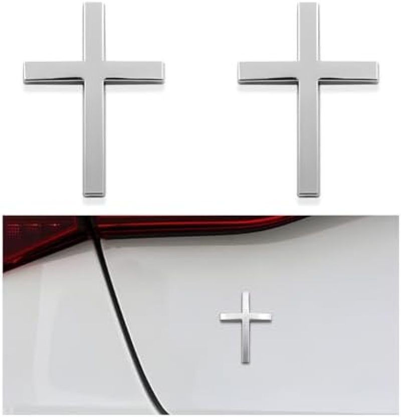 Jesus Cross Metal Sticker (2 Pack) 3D Alloy Self-adhesive Metal Scratch Cover Sticker for Cars (Silver) - Image 1