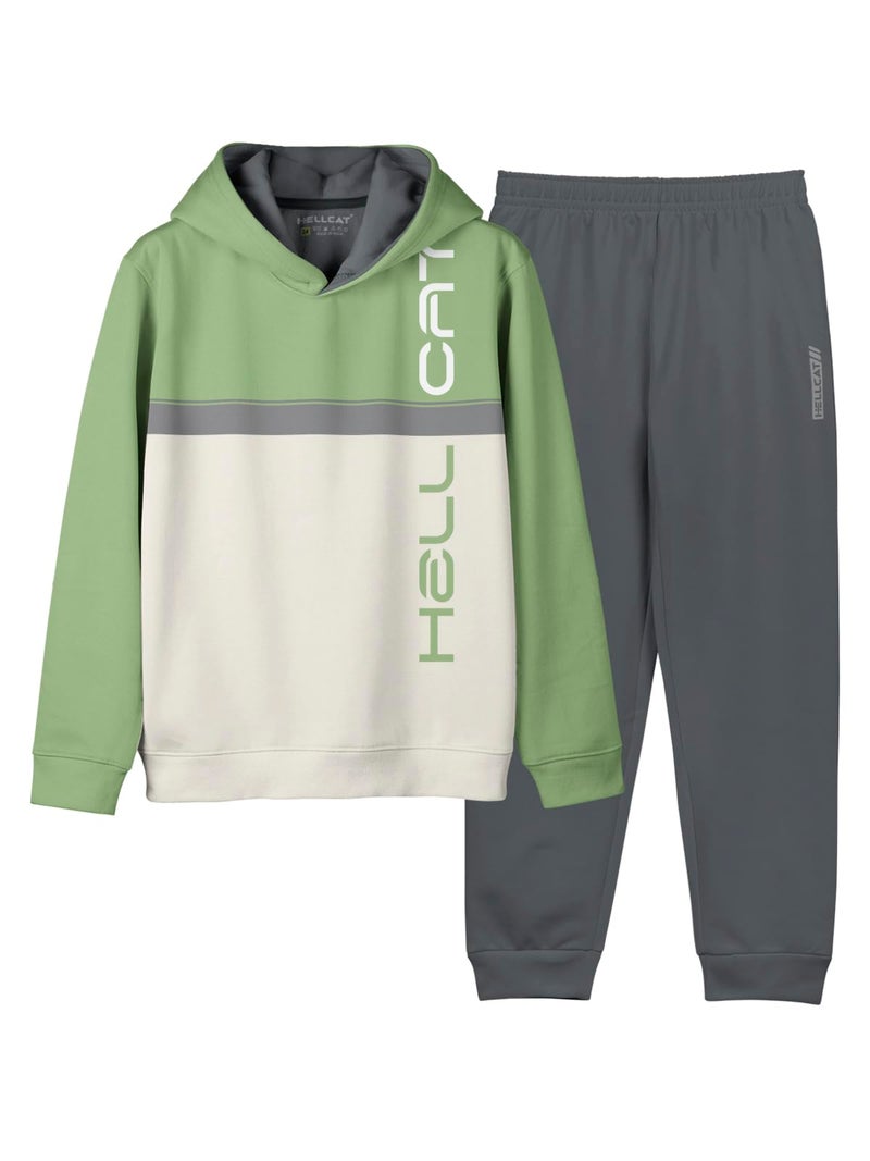 HELLCAT Printed Cotton Blend Full Sleeve Hoodie T-Shirt Jogger Trackpant Clothing Set for Boys Green/Dark Grey 15-16 Years - Image 1