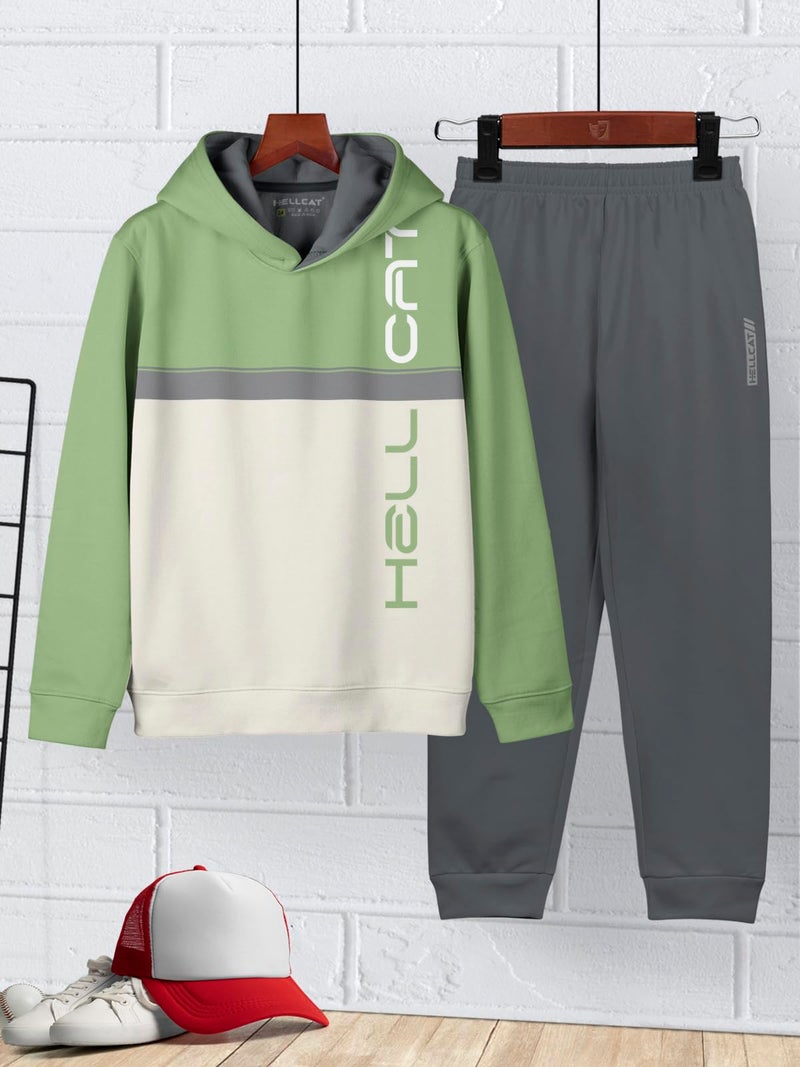 HELLCAT Printed Cotton Blend Full Sleeve Hoodie T-Shirt Jogger Trackpant Clothing Set for Boys Green/Dark Grey 15-16 Years - Image 2