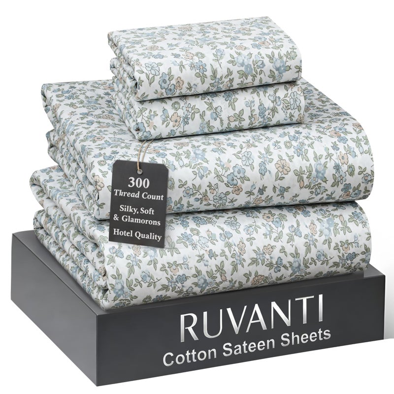 Ruvanti مجموعة ملاءات سرير كينغ ريفانتي 100% قطن - 300 خيط ناعم مثل الساتان، تبريد، خفيف الوزن وقابل للتنفس، جيب عميق 16 بوصة، متين وفاخر مثل الساتان، 4 قطع، فايب - Image 1