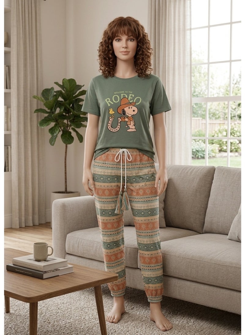 Women's 2-Piece Cotton Pajama Set with Snoopy "Welcome To The Rodeo" T-Shirt and Geometric Boho Tassel Pants (Olive Green & Terracotta) - Image 2