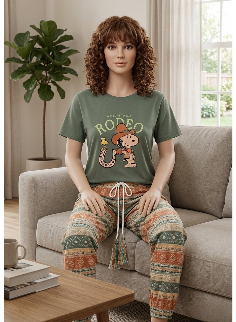 Women's 2-Piece Cotton Pajama Set with Snoopy "Welcome To The Rodeo" T-Shirt and Geometric Boho Tassel Pants (Olive Green & Terracotta) - Image 1