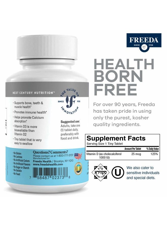 Freeda Vitamin D3-1000 IU - Pure High Potency Kosher Supplement Tablets - Bone and Muscle Health, Calcium Absorption, Immune Support for Men and Women* - 100 Count - Image 3