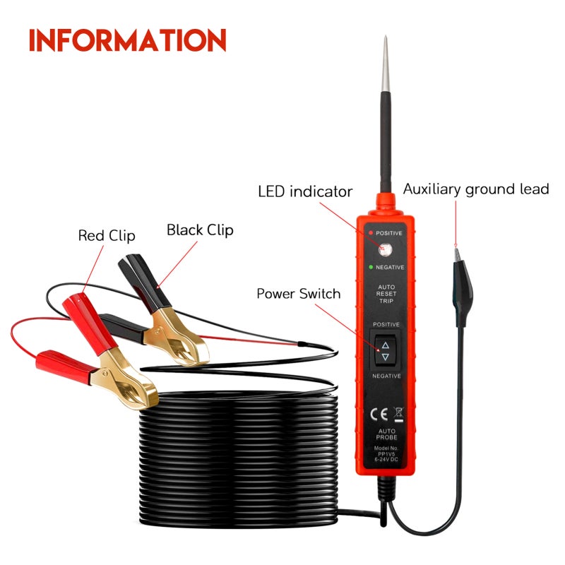Automotive Electric Circuit Tester 6-24V DC Red 16ft Long Test Lead - Short-Circuit Protection Car Circuit Tester for Automotive Technicians Vehicle Electrical System Diagnosis - Image 2