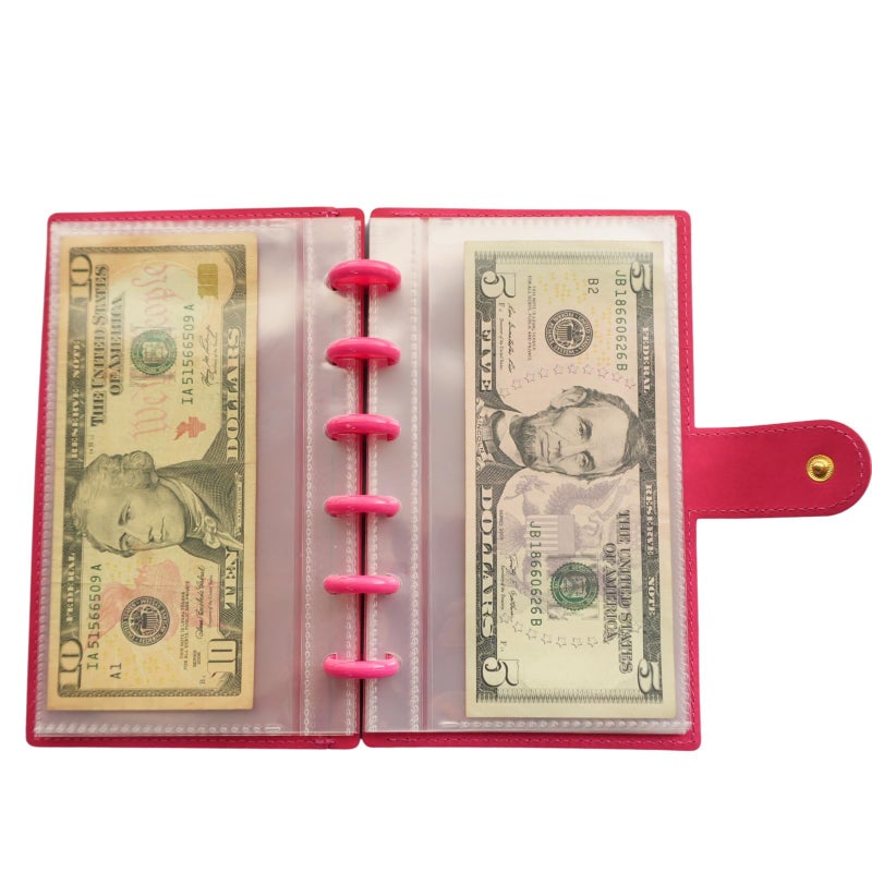ANNIKEEY 20 Clear PP Pockets Discbound Currency Collection Album, Inner 6.42 x 3.11 Inches, Handmade PU Leather Cover with Button Closure, Protective Case for Banknotes/Stamps/Dollars (Pink) - Image 2