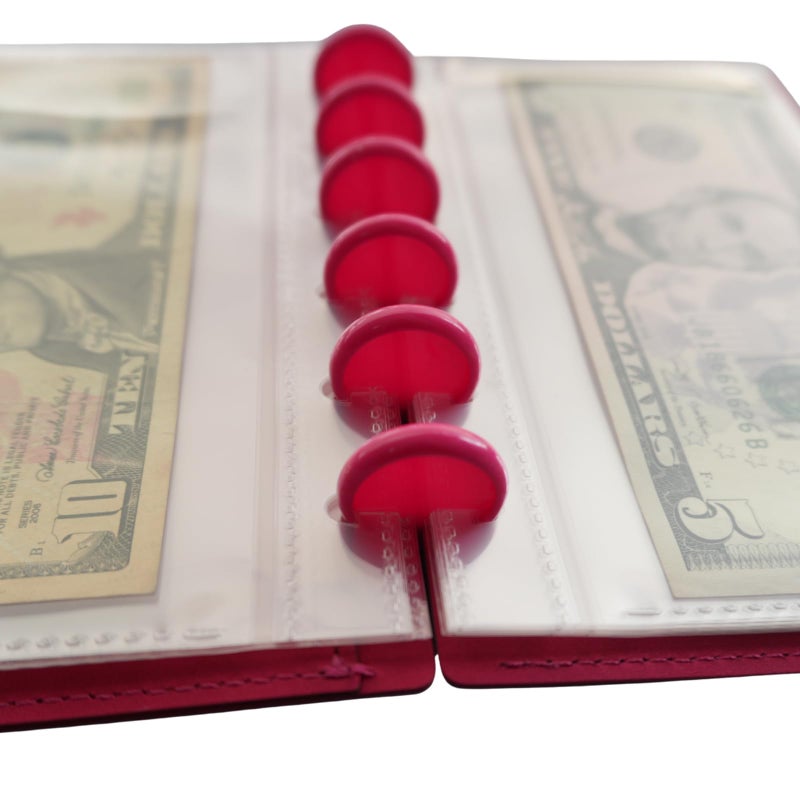 ANNIKEEY 20 Clear PP Pockets Discbound Currency Collection Album, Inner 6.42 x 3.11 Inches, Handmade PU Leather Cover with Button Closure, Protective Case for Banknotes/Stamps/Dollars (Pink) - Image 5
