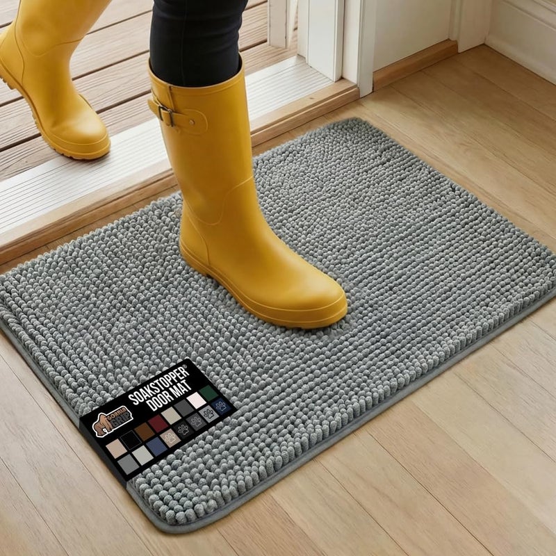 GORILLA GRIP SoakSTOPPER Dog Door Mat, 30x20 Machine Washable Rug Absorbent Doormat Captures Moisture Mud Dirt, Quick Dry Soft Chenille Entryway Rugs Indoor Entrance Mats for Dog Paws, Grey - Image 1