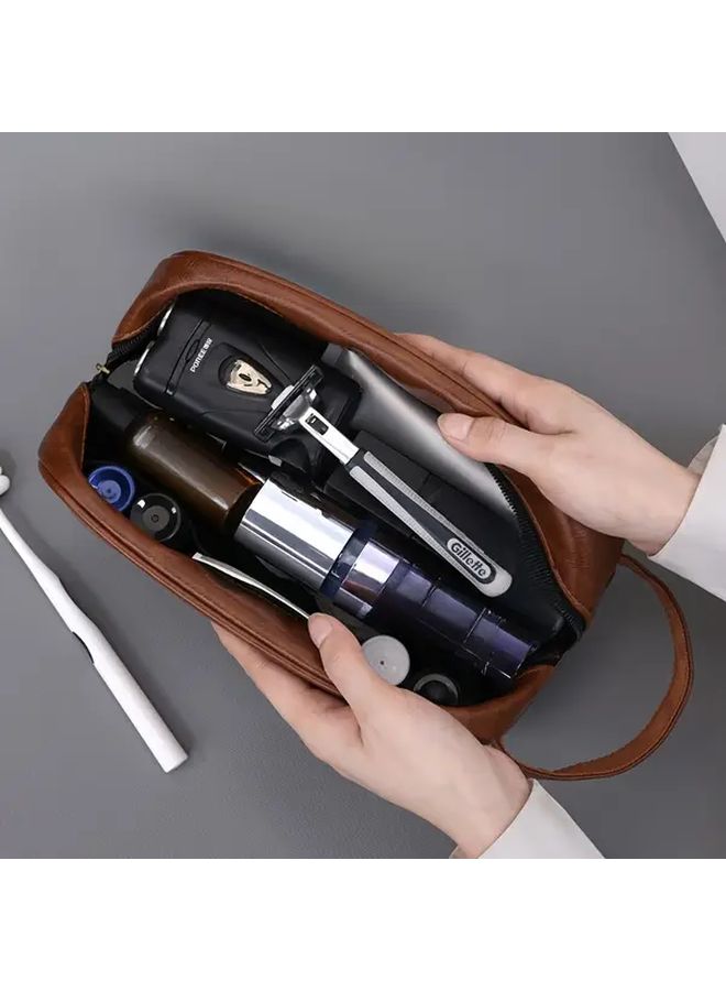 Retro High-end Leather Brown Thickened Travel Portable Men's Skincare Organizer Storage Bag - Image 5