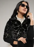Campus Sutra Women's Carbon Black Metallic Veined Faux Fur Jacket