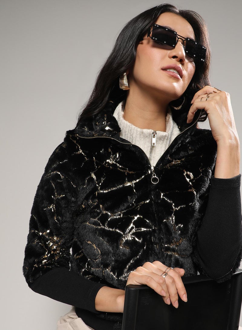 Campus Sutra Women's Carbon Black Metallic Veined Faux Fur Jacket  - Image 1