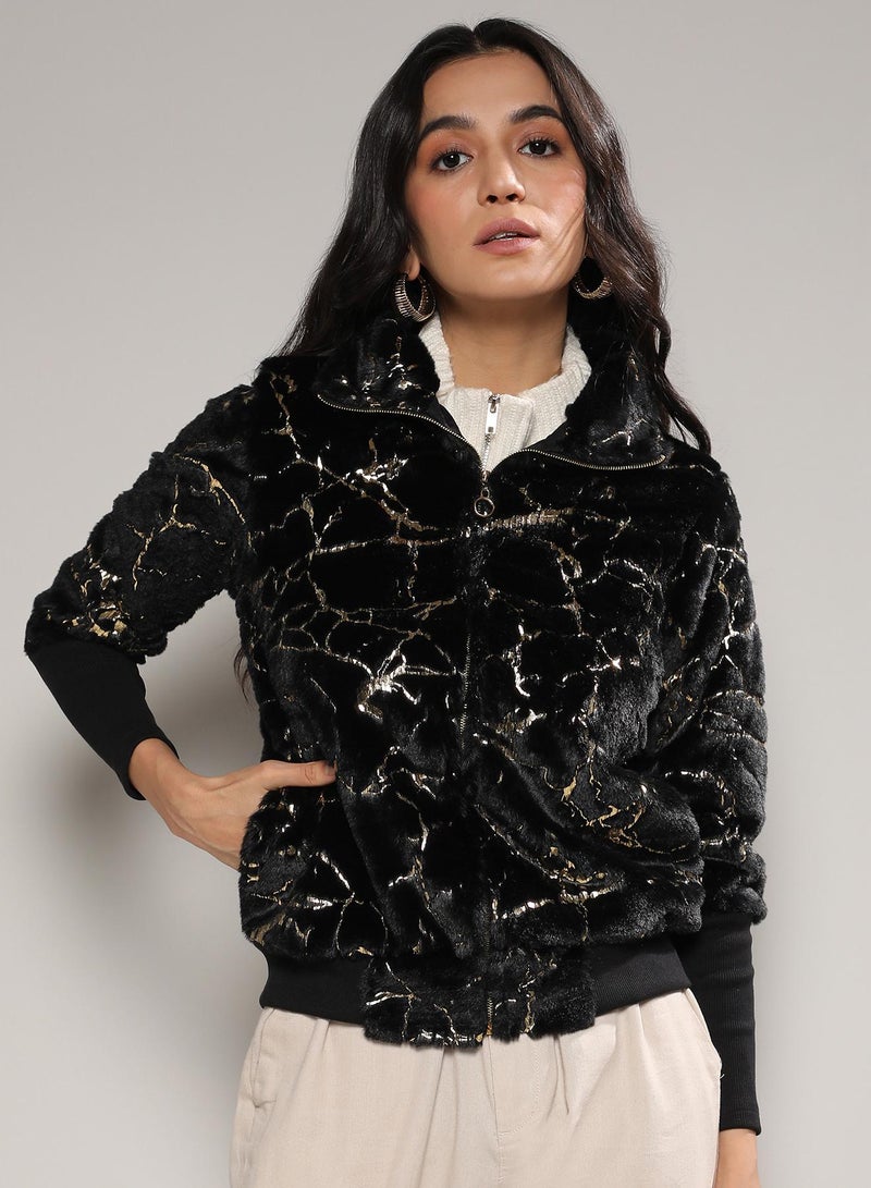 Campus Sutra Women's Carbon Black Metallic Veined Faux Fur Jacket  - Image 2