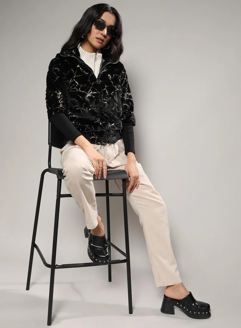 Campus Sutra Women's Carbon Black Metallic Veined Faux Fur Jacket