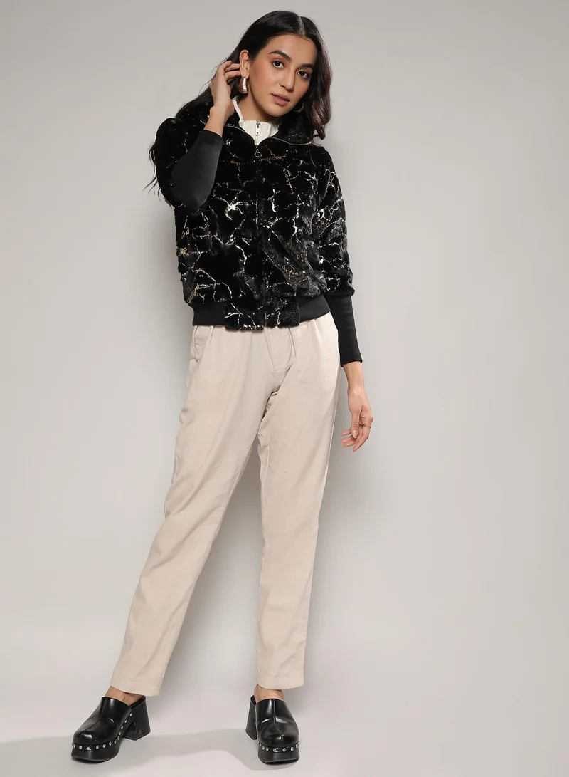 Campus Sutra Women's Carbon Black Metallic Veined Faux Fur Jacket