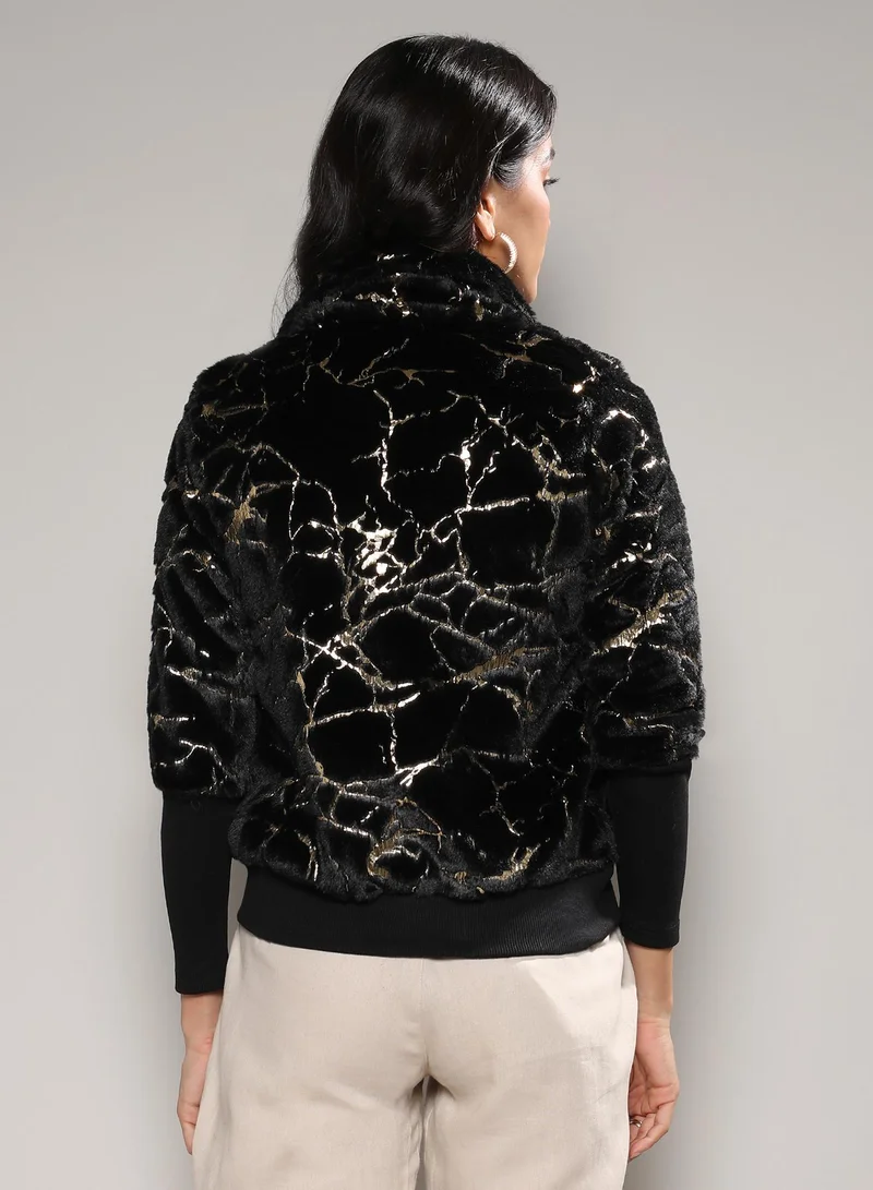 Campus Sutra Women's Carbon Black Metallic Veined Faux Fur Jacket