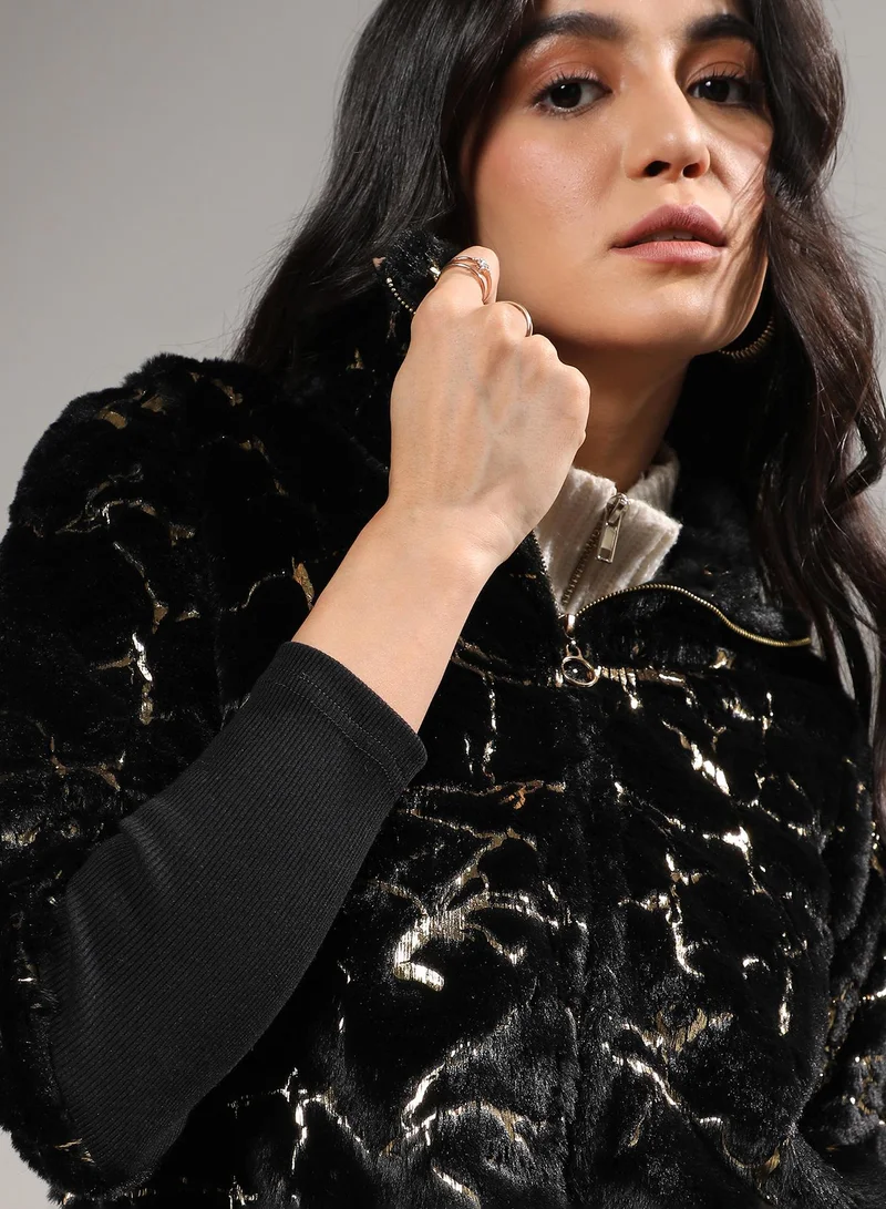 Campus Sutra Women's Carbon Black Metallic Veined Faux Fur Jacket