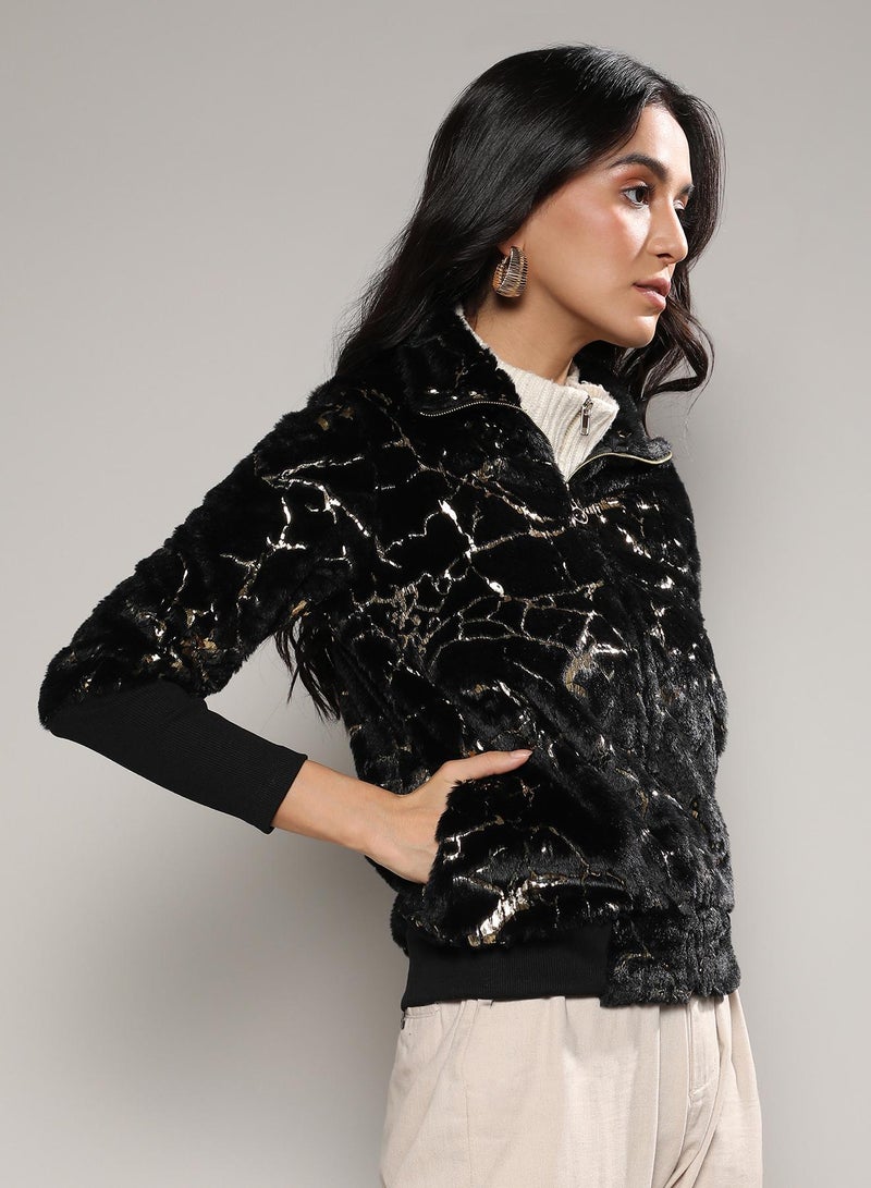 Campus Sutra Women's Carbon Black Metallic Veined Faux Fur Jacket  - Image 3