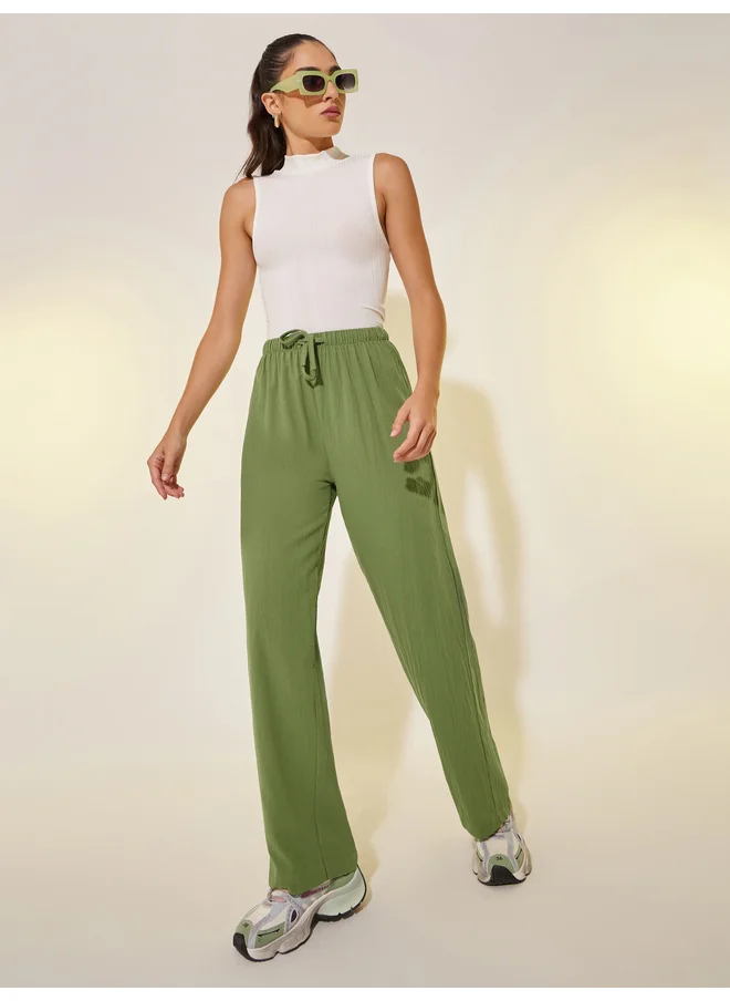 تايك تو Take Two Solid Elastic Waistband Straight Pants