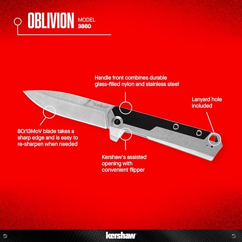Kershaw سكين جيب كيرشو أوبليفيون، شفرة 3.5 بوصة 8Cr13MoV مطلية بالخرز ومغسولة بالحجر، فتح مساعد بسرعة، مقبض من النايلون المملوء بالزجاج من الفولاذ المقاوم للصدأ، فليبر، قفل إطار، مشبك جيب عميق - Image 2