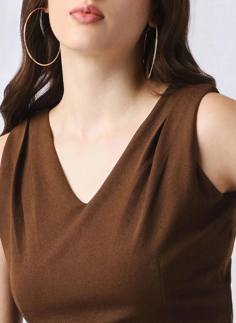 globus Globus Women Brown V-Neck Sleeveless Self Design Pleated Detail Mini Fit & Flare Dress