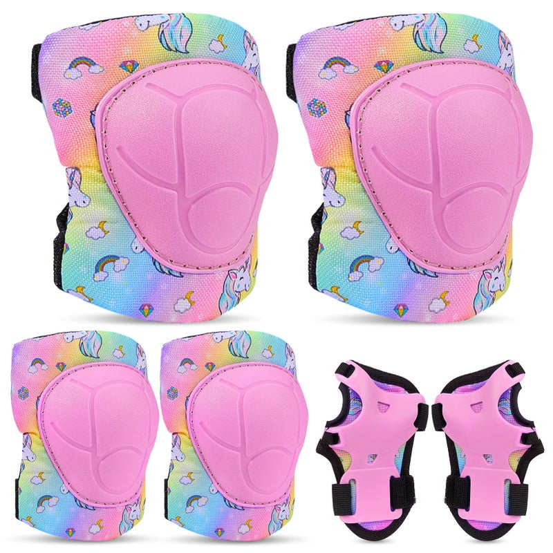 FIODAY Knee Pads for Kids Protective Gear Set Adjustable Kids Knee Pads and Elbow Pads with Wrist Guard for Girls Roller Skates Cycling Bike Skateboard Scooter 38 YearsRainbow Pink - Image 2