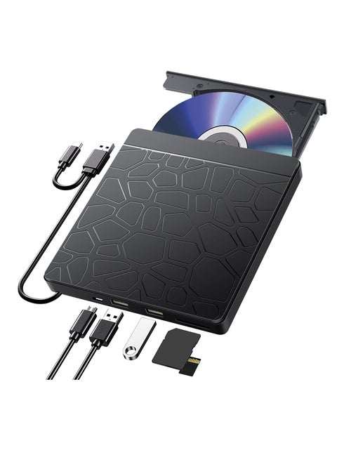 External DVD Drive, External CD DVD Drive for laptop Windows 11 10, USB 3.0 and Type-C Portable CD DVD +/-RW ROM Drive Reader Burner Rewriter with SD TF Slot & USB Ports, Slim DVD/CD Player (Black)