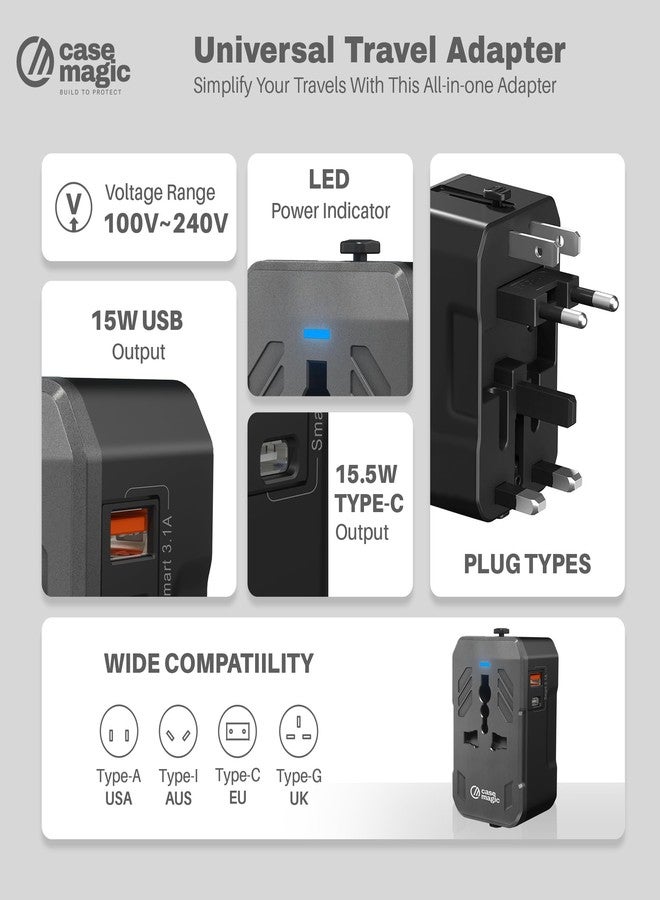 case-magic محول سفر عالمي من Case-Magic مزود بمنفذ USB ذكي 3.1 أمبير ومنفذ Type-C | محول مقابس لأكثر من 200 دولة (الولايات المتحدة الأمريكية/المملكة المتحدة/الاتحاد الأوروبي/أستراليا) | محول طاقة دولي شامل للهواتف المحمولة والأجهزة اللوحية والكاميرات | شحن سريع 15 واط - Image 2