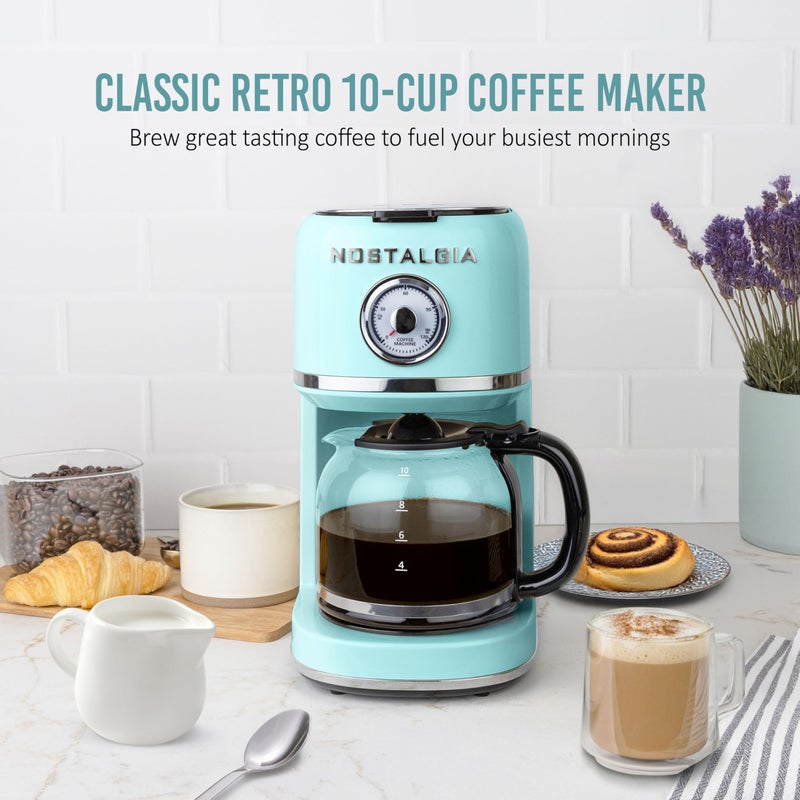Nostalgia Classic Retro 10 Cup Coffee Maker - One-Touch Drip Brew, Reusable Filter - Anti-Drip, Auto Shutoff, & Time Display - Dishwasher Safe 50 oz Carafe - Aqua - Image 3