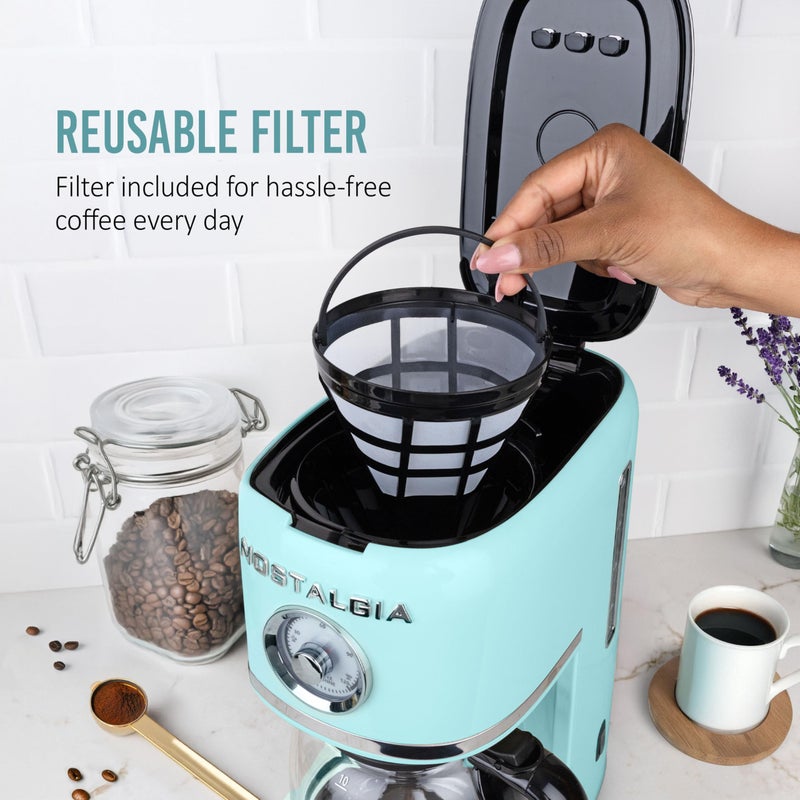 Nostalgia Classic Retro 10 Cup Coffee Maker - One-Touch Drip Brew, Reusable Filter - Anti-Drip, Auto Shutoff, & Time Display - Dishwasher Safe 50 oz Carafe - Aqua - Image 5