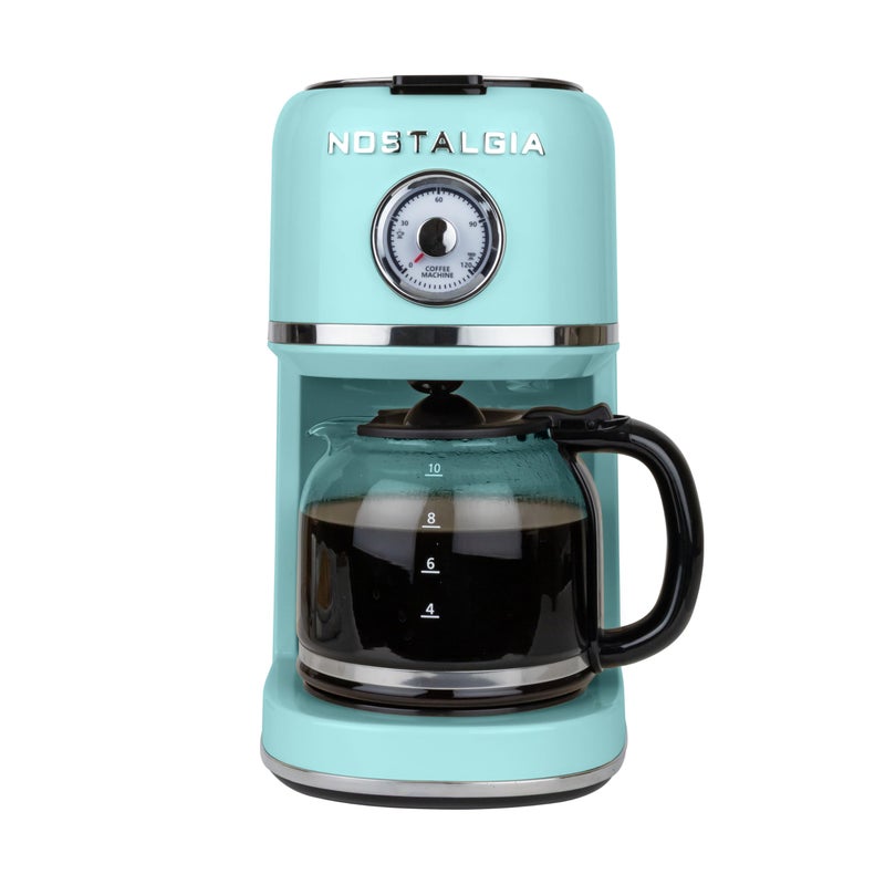 Nostalgia Classic Retro 10 Cup Coffee Maker - One-Touch Drip Brew, Reusable Filter - Anti-Drip, Auto Shutoff, & Time Display - Dishwasher Safe 50 oz Carafe - Aqua - Image 1