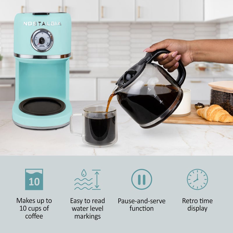Nostalgia Classic Retro 10 Cup Coffee Maker - One-Touch Drip Brew, Reusable Filter - Anti-Drip, Auto Shutoff, & Time Display - Dishwasher Safe 50 oz Carafe - Aqua - Image 4