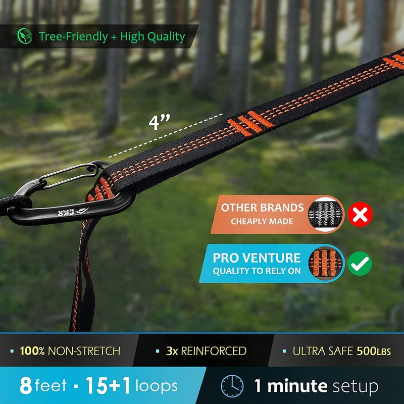 Pro Venture Hammock Straps and 2 Carabiners, 30+2 Loops, 1200lbs Breaking Strength (500lbs Rated) | 100% Non-Stretch, Lightweight, Portable Camping - Quick, Easy Setup | Heavy Duty + Tree Friendly - Image 2